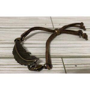 Vintage Brass Feather Adjustable Bracelet With Brown Suede Cord
